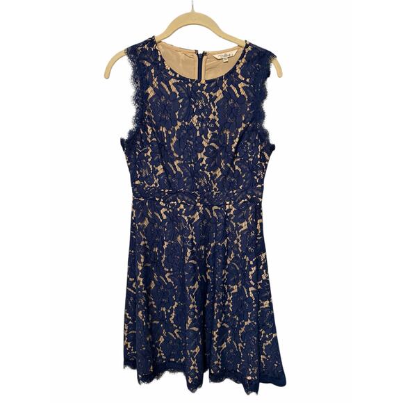 Darling London Women's 8 Blue Floral Sleeveless Round Neck Lace Fit Flare Dress - Picture 3 of 11